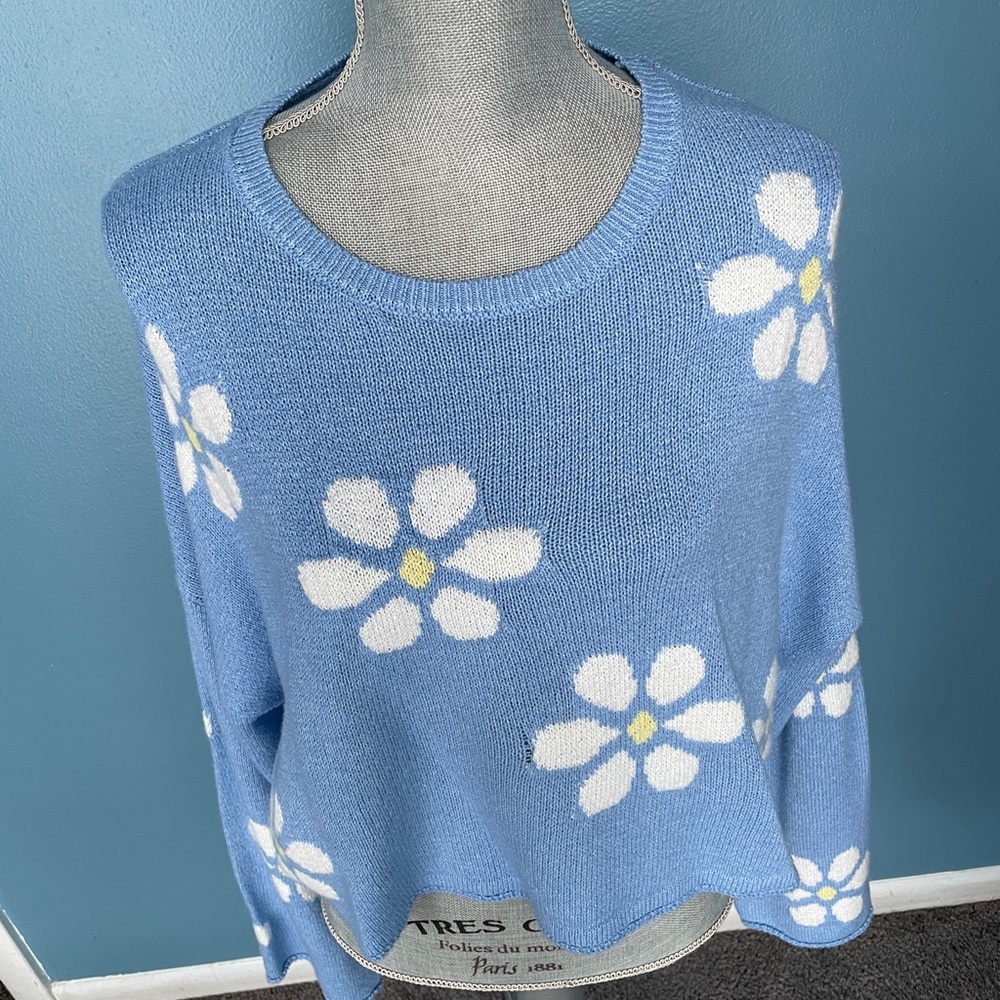 Blue Floral crop Sweater